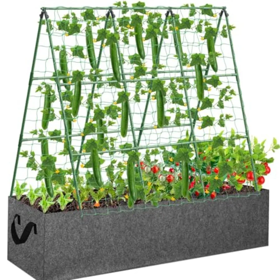 

Cucumber Trellis with 46 Gallon Grows Bag 50 x 54 Inches A Frame Outdoor Greenhouse Trellis and Fabric Raised Bed Climbing Net