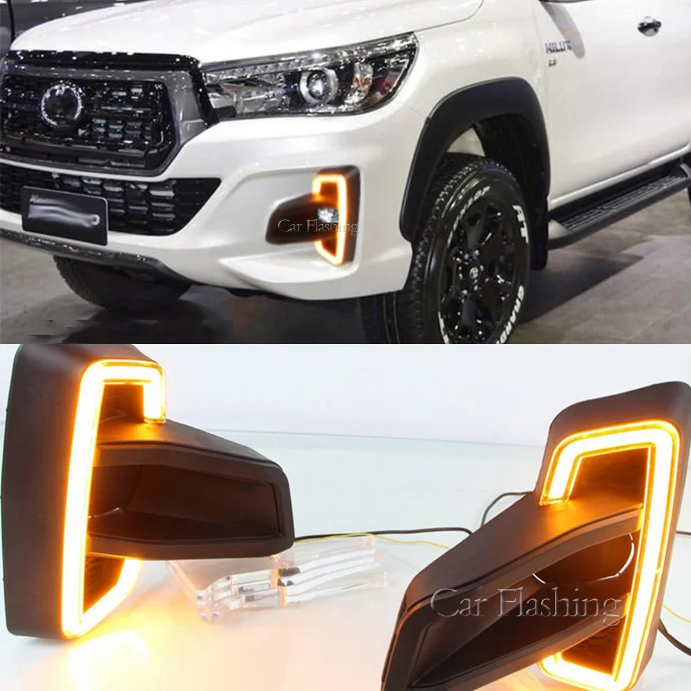 OUIO 2 Pcs LED Daytime Running Light for Toyota Hilux Revo Rocco 2018-2020 Turn Yellow Signal Relay 12V DRL Daylight