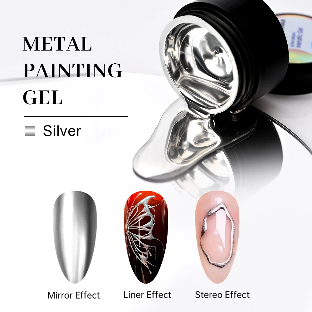 5ml Metallic Painting Gel Polish For Nail Art Soak Off Gel Gold Silver Mirror Chrome Effect Glitter Drawing UV Nail Gel Varnish