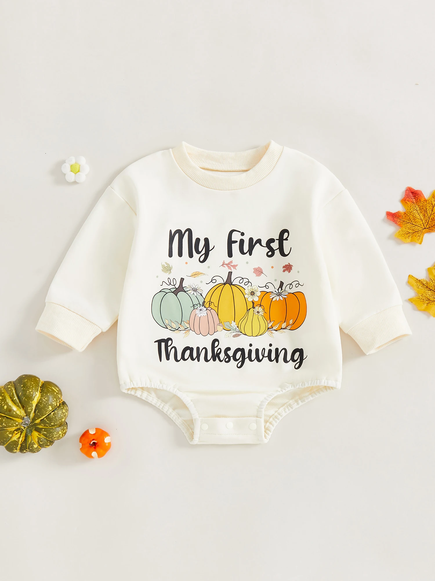 

Infant Jumpsuit Autumn-themed Long Sleeve with Crew Neck and Pumpkin Print Thanksgiving Outfit for Baby Boys and Girls