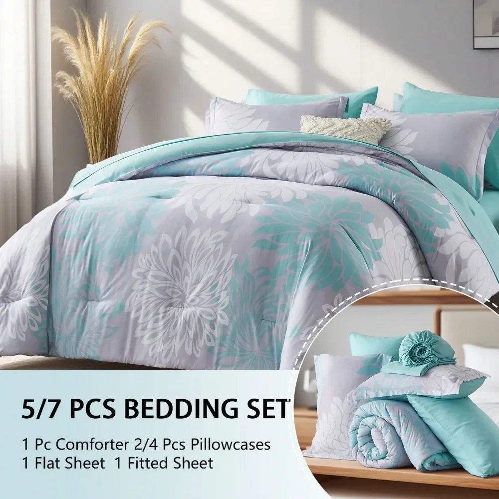 Pieces Chic Floral Printed Bed Comforter Sets, Queen King, Soft And Comfortable Summer Bedding Sets, Bed In A Bag, Hotel Bedroom