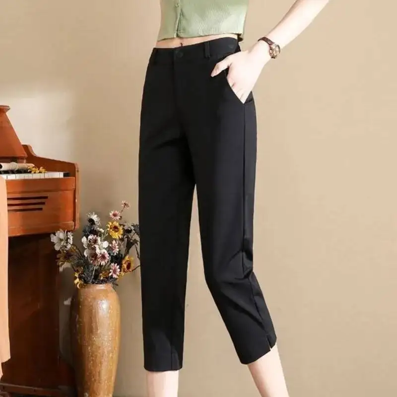

Korean Fashion Women's Capris Summer Slim Fit Short Pants Thin Professional Side Slit Calf-Length Pants Casual Office Lady Pants