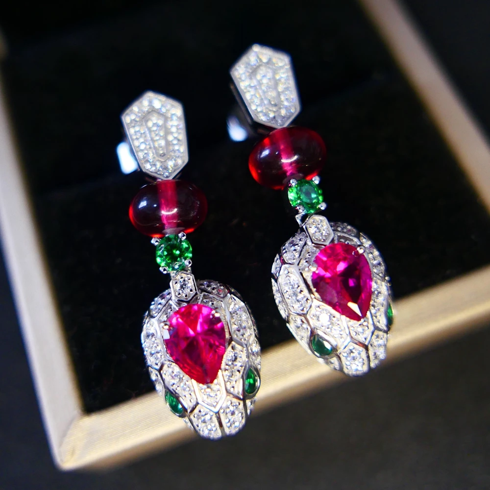 Solid 925 Sterling Silver Lab Emerald Ruby Red Gemstone High Carbon Diamond Snake Head Earrings Designer Luxury Fine Jewelry