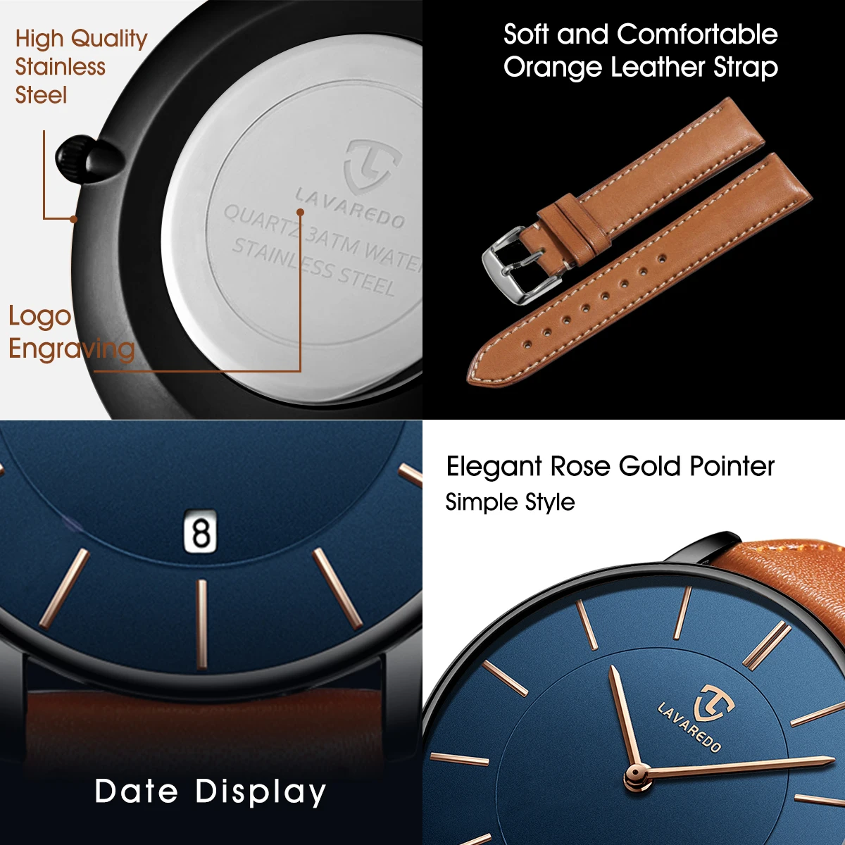 Montres pour hommes, montre-bracelet simple et minimaliste pour hommes, date analogique avec bracelet en cuir