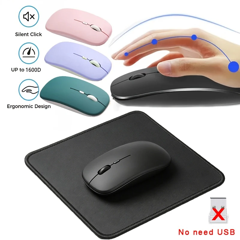 Rato sem fios compatível com Bluetooth, com conjunto de tapete para rato. Rato ótico ergonómico de 1600 DPI para portátil, PC, computador, escritório 