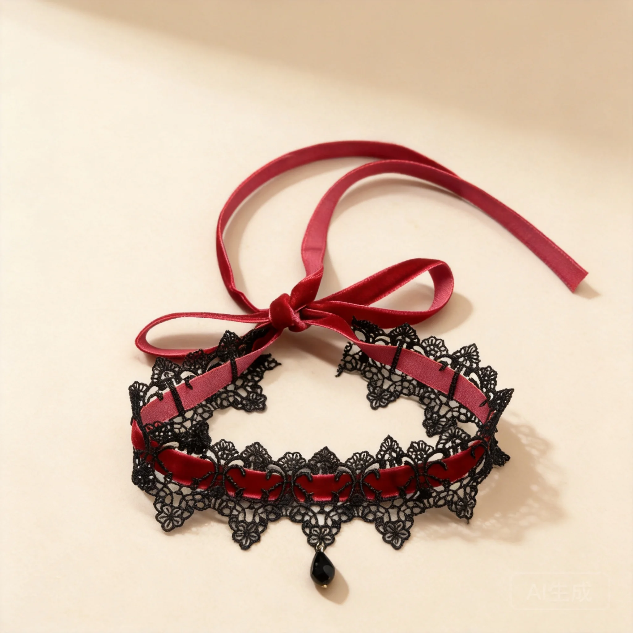 Chinese Style Lucky Blessing Gothic Burgundy Velvet Black Lace Choker Necklace Adjustable Tie Up Clavicle Chain Two Color Option
