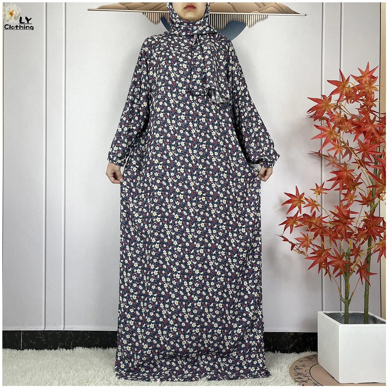 

Newest African Abayas Women Ramadan Prayer Dubai Turkey Cotton Floral Loose Robe Femme Long Sleeved Islam Dress Turban Joint