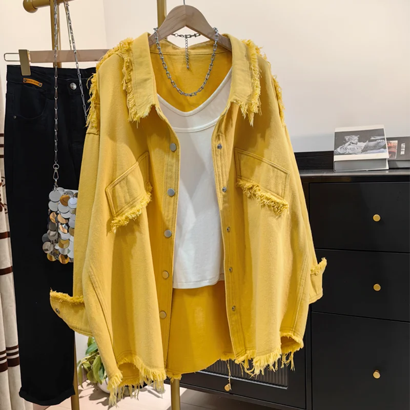 

Raw Hem Denim Shirt Women Harajuku Y2K Long Sleeve Jacket Single Breasted Loose Casual Lazy Coat American Vintage Outwear