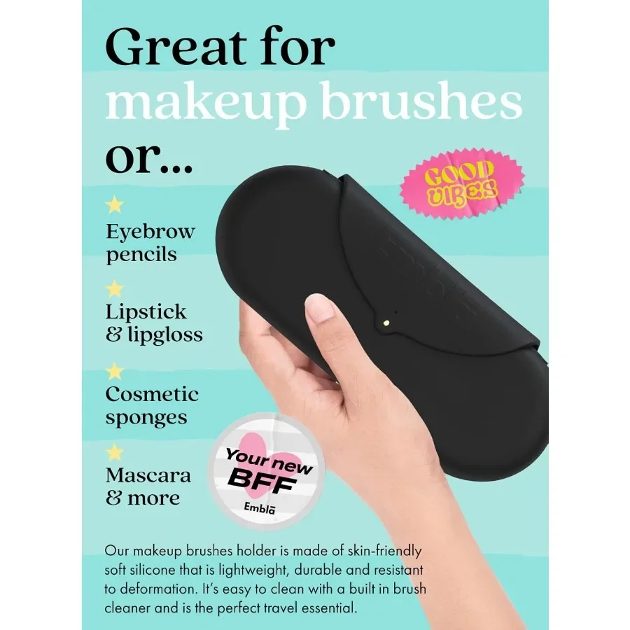 Emblaメイクブラシホルダー トラベルコスメティックケースポーチ ソフトシリコンコスメティックバッグ メイクアップブラシホルダー 安全なスナップ留め付き