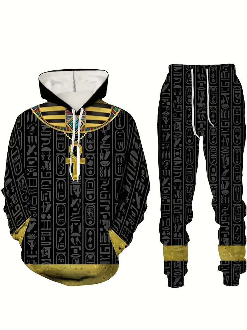 Men's Ethnic Style Hoodie 2-Piece Outfits 3D Eye of Horus Print Hooded Sweatshirt Pants Set Fall/Winter Oversized Men's Clothing