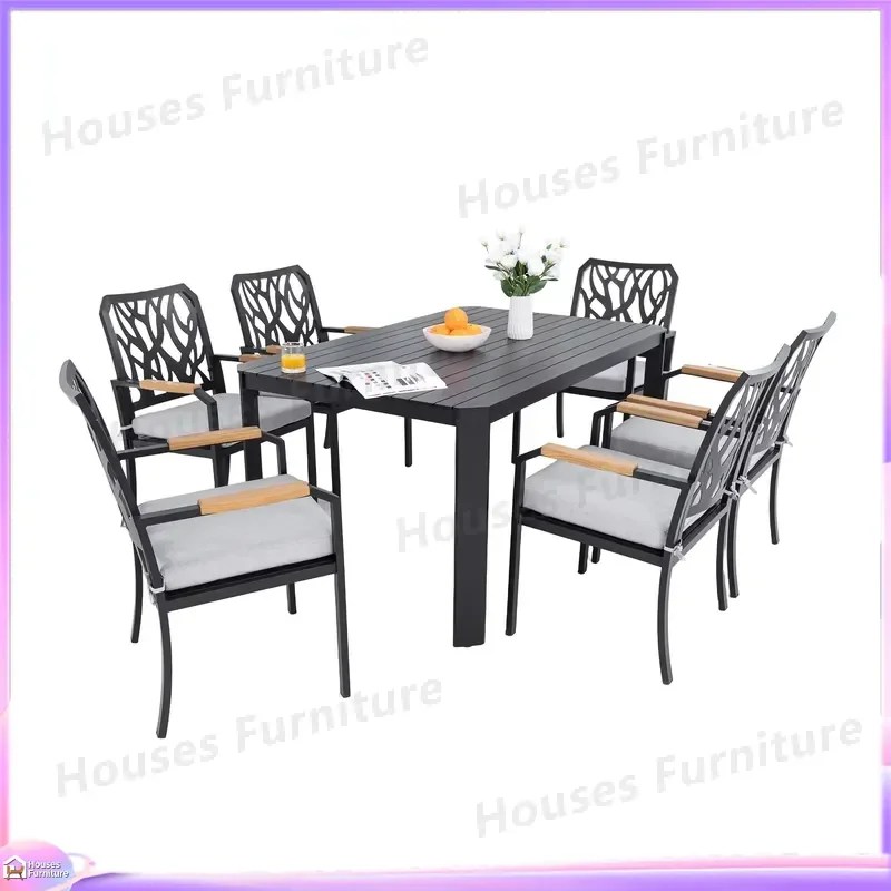 Modern 7 Piece Outdoor Patio Dining Set Rectangular Table and 6 Chairs Garden Furniture Weather Resistant Rattan Wicker