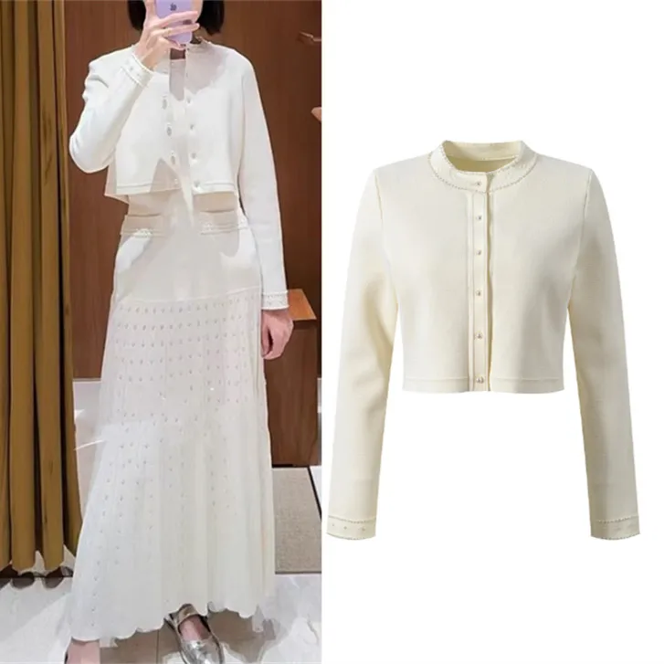 High-End Version European Style Women's Knitted Heavy Embellished Cardigan Long Pleated Dress Set Fashionable Spring Collection