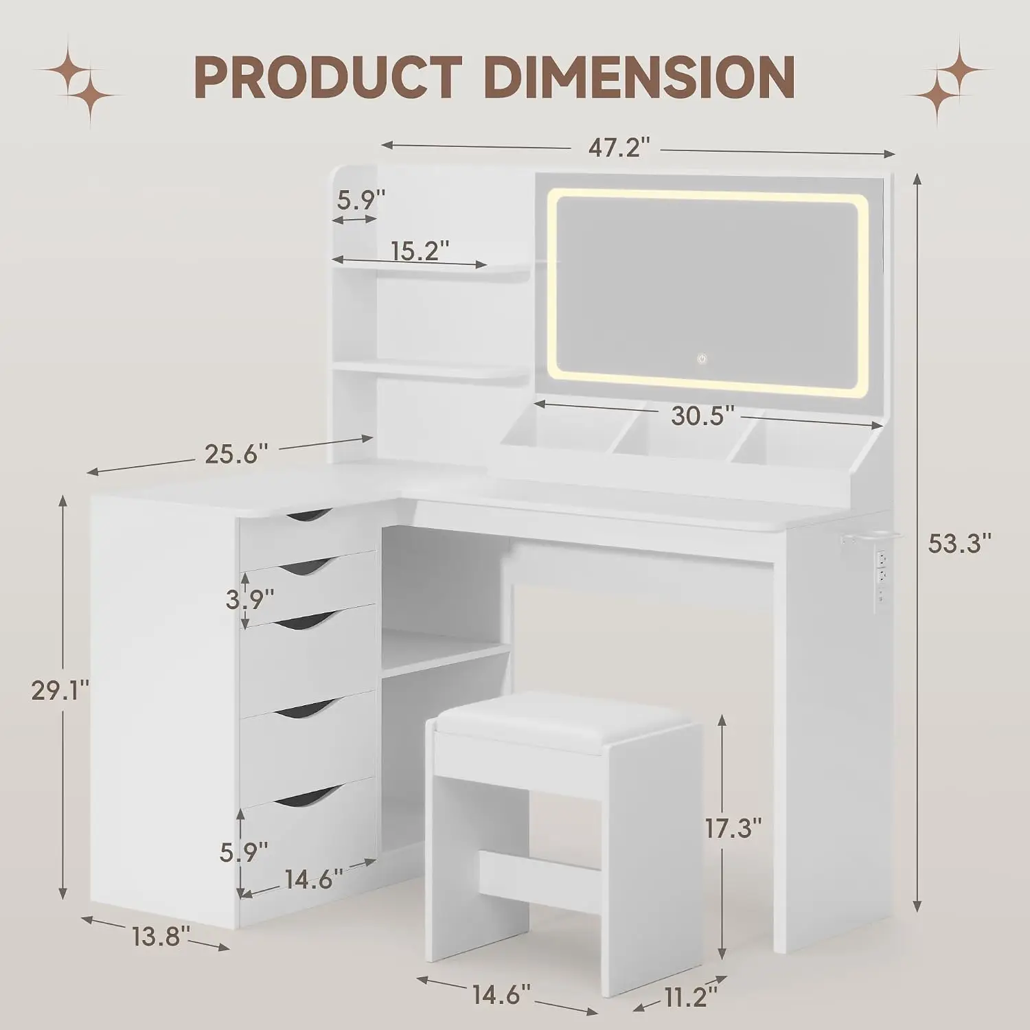 Vanity Desk with Mirror, Corner Makeup Vanity with LED Light, White, Customized