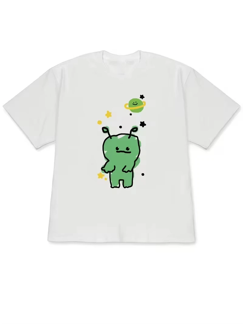 Cartoon Alien Space Graphic Tee Cute Hand Drawn Green UFO Planet Print Casual Crewneck Short Sleeve T-Shirt Women Fashion Top