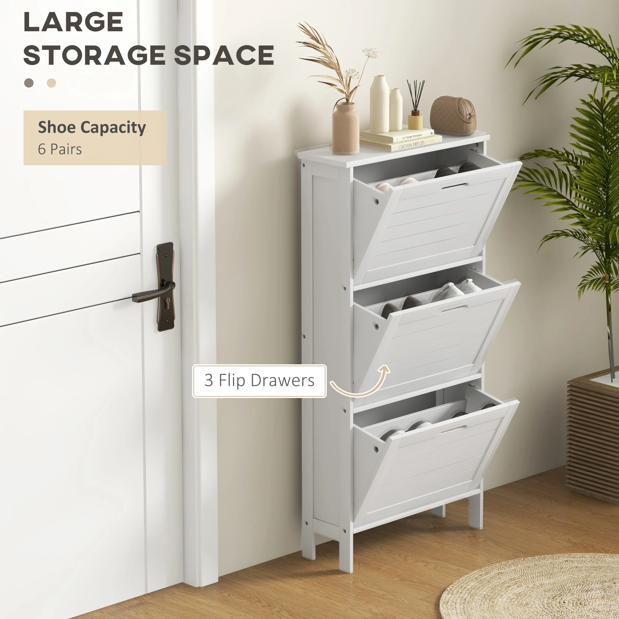 HOMCOM Narrow Shoe Storage Cabinet with 3 Flip Drawers, White
