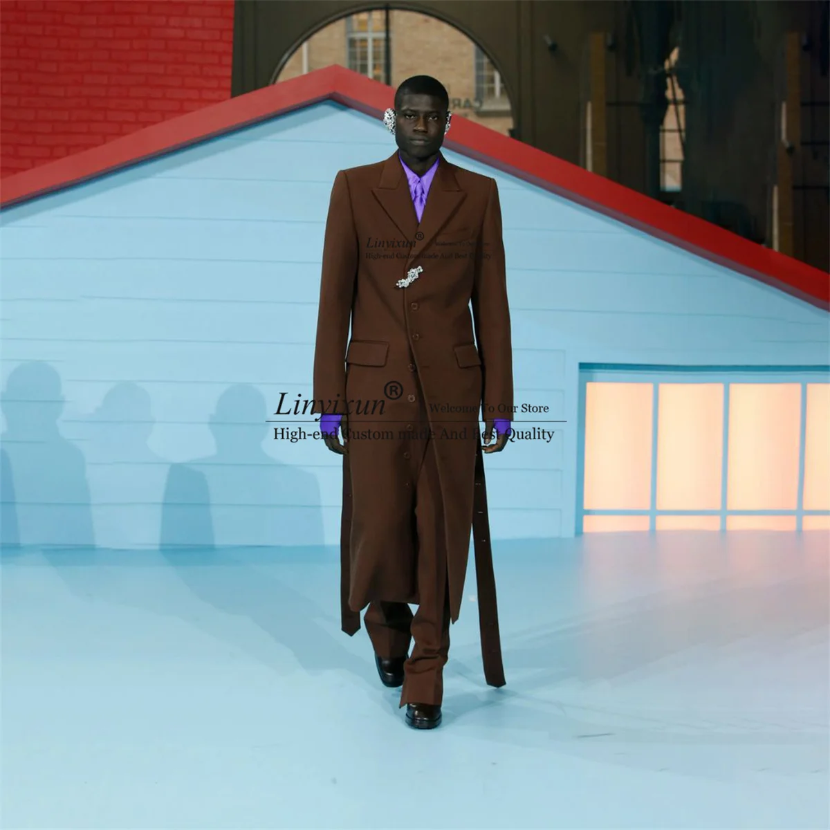 

Brown Men Suits Peaked Lapel Business Male Prom Blazer 2 Pieces Sets Groom Wedding Tuxedos Long Coat Pants Outfit Coustome Homme