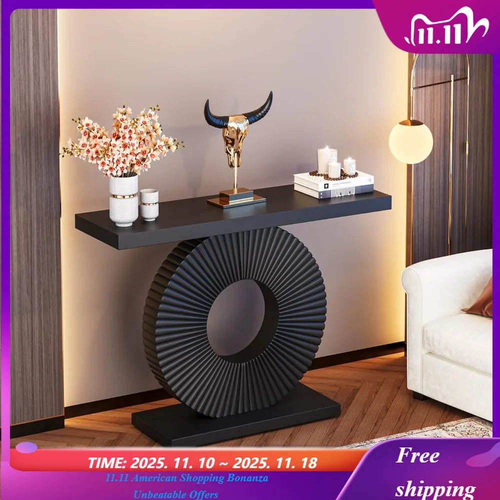 Modern Console Table with Geometric Base, 40 inch Wood Entryway Table Sofa Table Narrow Long, Contemporary Accent