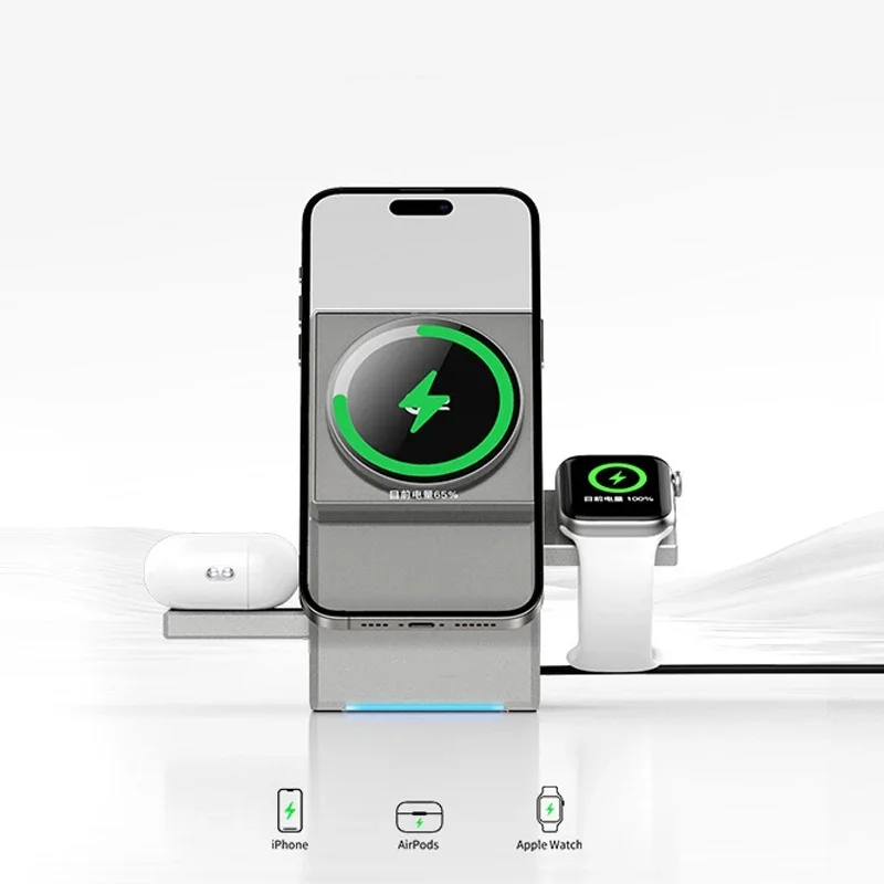 Cargador inalámbrico rápido de autorotación magnética Magsafe Qi2 3 en 1 de 15W para Android iPhone iWatch Airpods estación de carga rápida