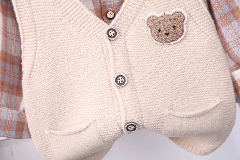 Spring Autumn Western Baby Infant Boys Clothes for Kids Boy Cartoon Knitted Cardigan Sweater Vest + Plaid Shirts + Pants Outfits