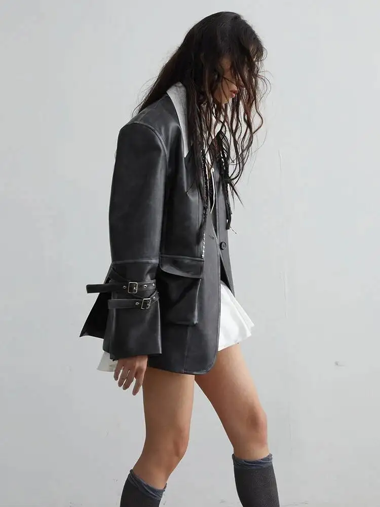 HUISONG فضفاضة تناسب جيب أسود حجم كبير بولي Leather سترة جلدية جديدة التلبيب كم طويل المرأة معطف موضة ربيع الخريف 2025 #3