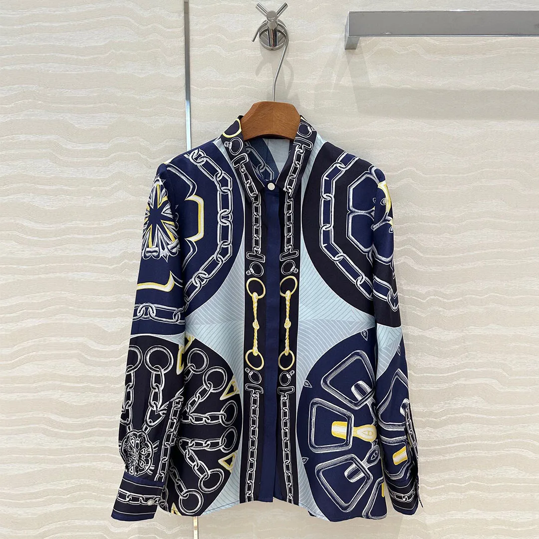 

2025 New Spring Retro 100% Silk Shirt Casual Tops Women Lapel Long Sleeve Single Breasted Chains Print Vintage Loose Blouses