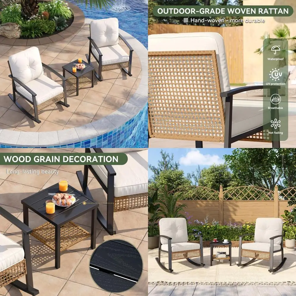 

Уличный набор для бистро из трех предметов с креслами-качальями и подушками, набор мебели для патио с журнальным столиком