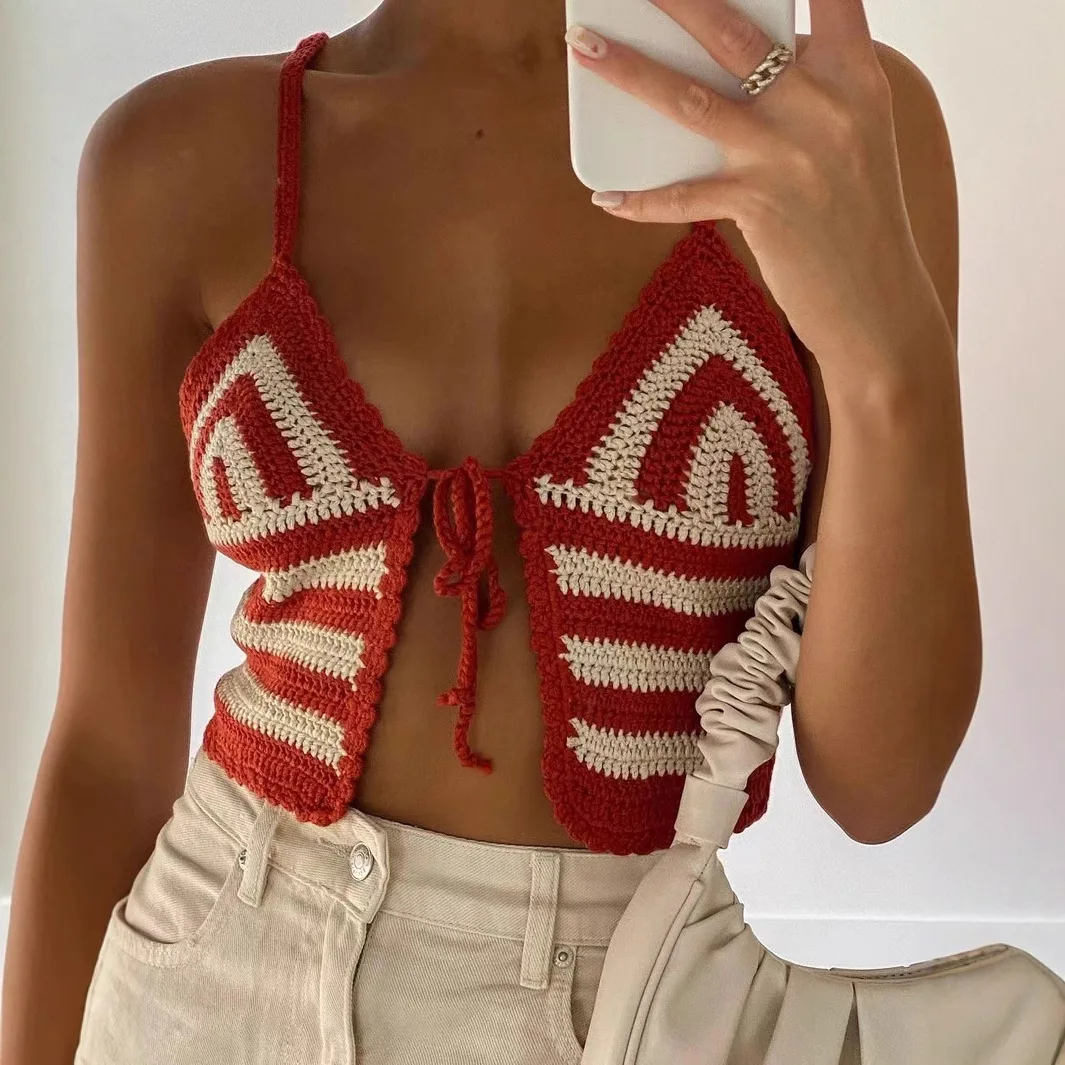

Sexy Hot Girl Camisole Summer Women's V-Neck Lace Up Sexy Backless Contrasting Design Sleeveless Knitted Camisole Top