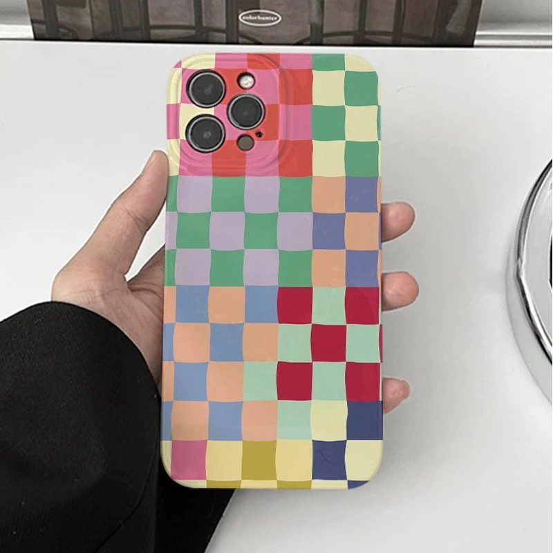 Colorful checkered pattern phone case suitable for iPhone 17 16 15 14 13 12 11 Pro/Max/Plus anti drop and shockproof hard case