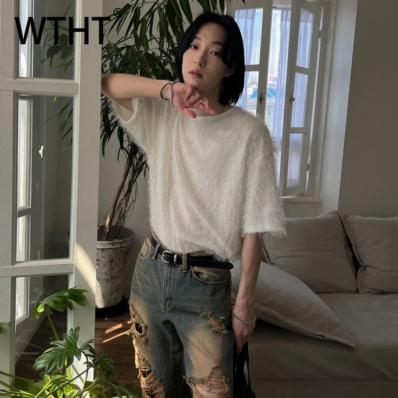 

WTHT Trendy 2025 Summer Men's Burr Edge Loose Solid Color T-shirts Fashion Casual Short Sleeves Round Neck Tops Male 2A1169