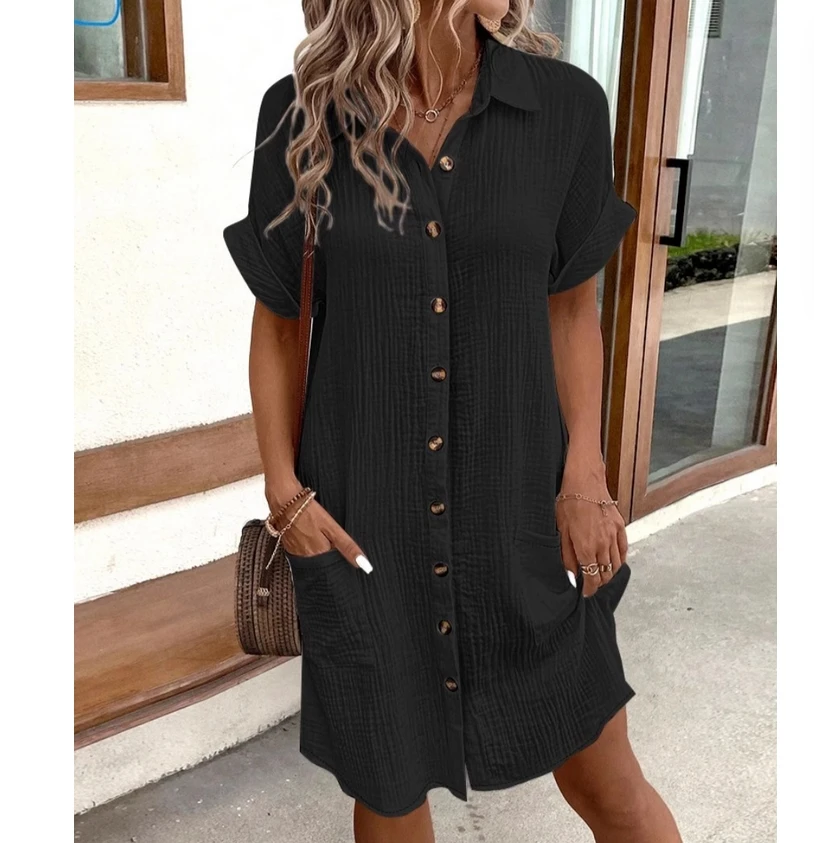 Kraag enkele rij comfortabele onregelmatige zoom casual katoen en linnen lange casual overhemdjurk lange rok met knoopsluiting en korte mouwen