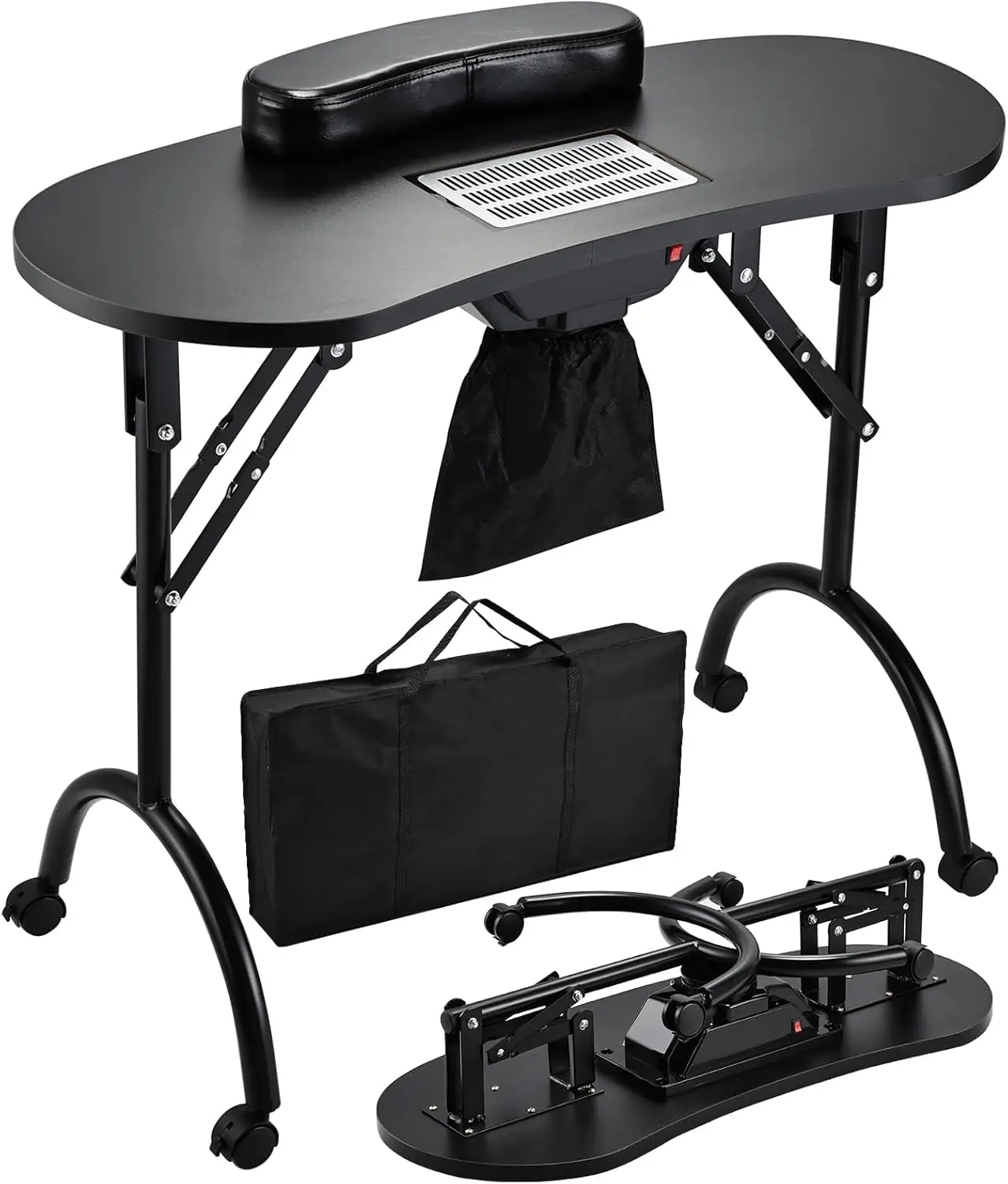 Portable Nail Desk with Nail Dust Collector Rolling Manicure Table Foldable with Manicure Hand Rests Organizer Carry Bag