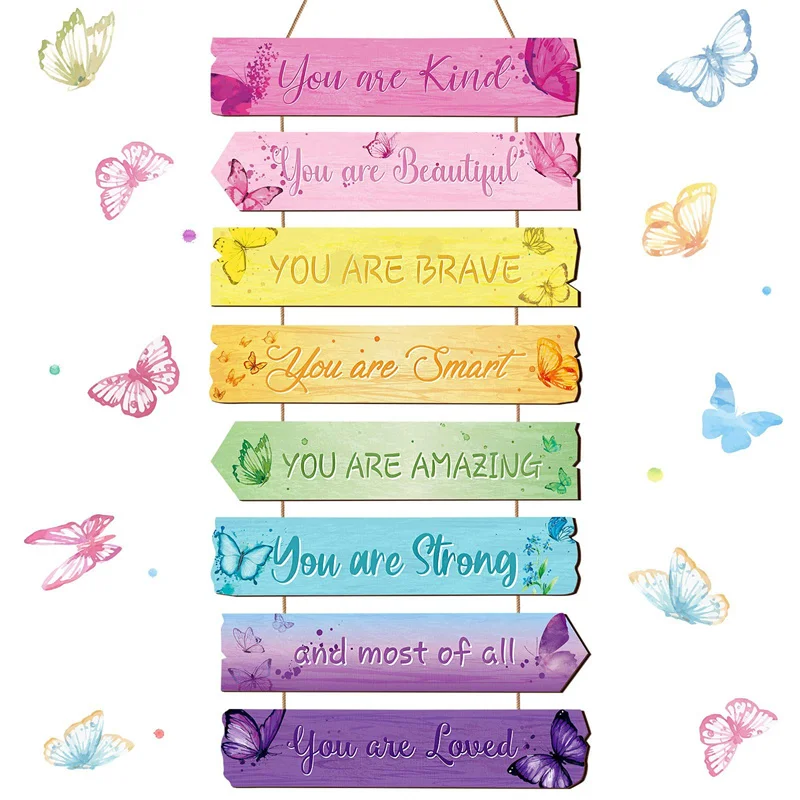 

Princess Butterfly Rainbow Door Plaque Inspirational Positive Slogans Hanging Wall Decor Wooden Sign For Teenage Girls Bedroom