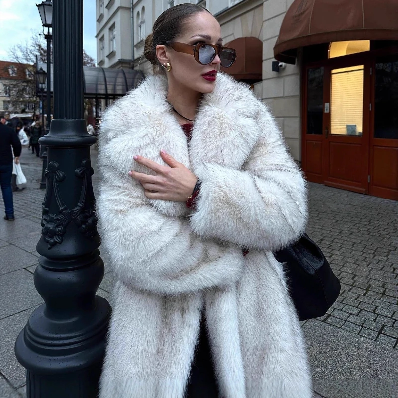 TARUXY Luxury Fox Fur Coat Women's Suit Collar Long Sleeves Loose Keep Warm Faux Fur Long Coat Winter High Street Fashion Jacket