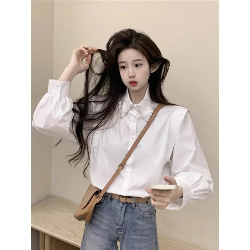 Pérola lapela camisa preta feminina manhã primavera estilo preguiçoso high-end casual solto camisa de manga comprida jaqueta topo