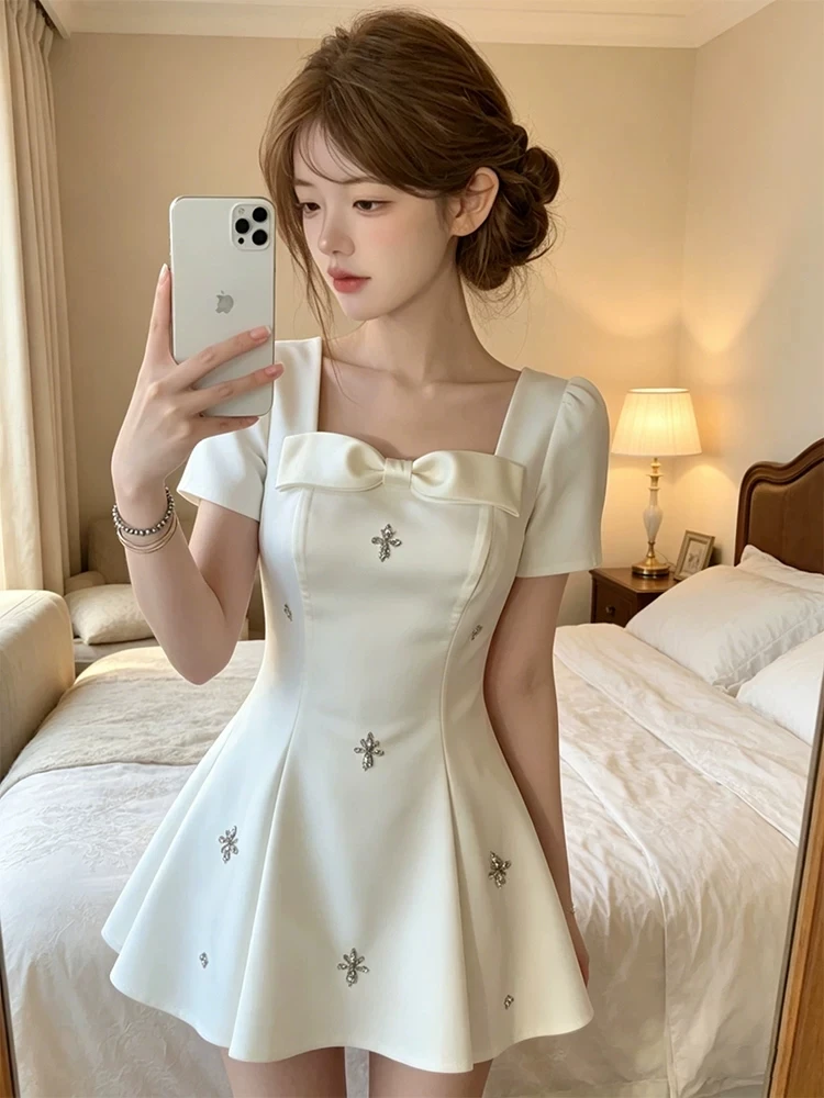 

Sweet Overbustle Square Collar Diamond Embellished Birthday Dress Women's plus Size Summer Slim Fit A-Line Skirt Dress