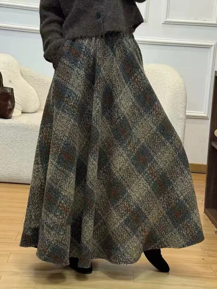 Vintage Plaid Midi Skirts for Women Korean High Waist Casual Faux Wool Skirts Y2K Elegant Office Lady All Match A Line Skirts