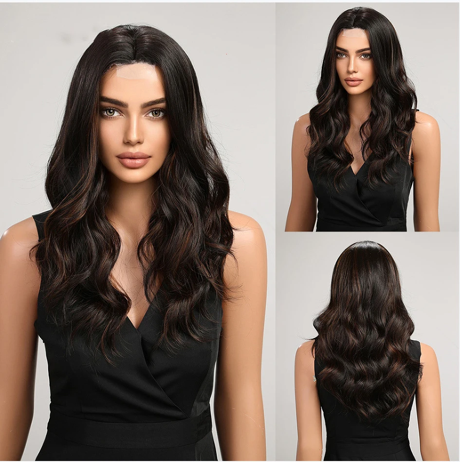 Peruca de renda de formaldeído longo, cabelo longo feminino, fofo natural, onda grande, dividida em cachos longos, peruca tampa de cabeça cheia