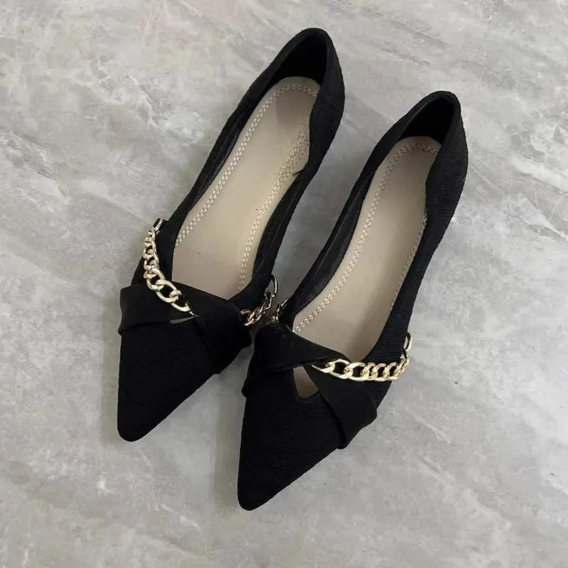 Sharp pointed single shoe women's soft sole 2025 new summer small fragrance style black flat bottom versatile women's shoes