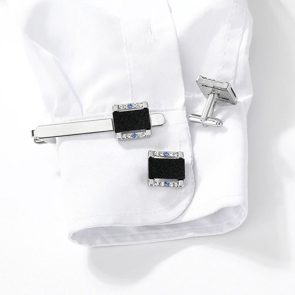 Classic Galaxy Mens Carbon Fiber Space Design Square Crystal Cufflinks&Tie Clip Set Shirt Suit Tuxedo Blouse Accessories