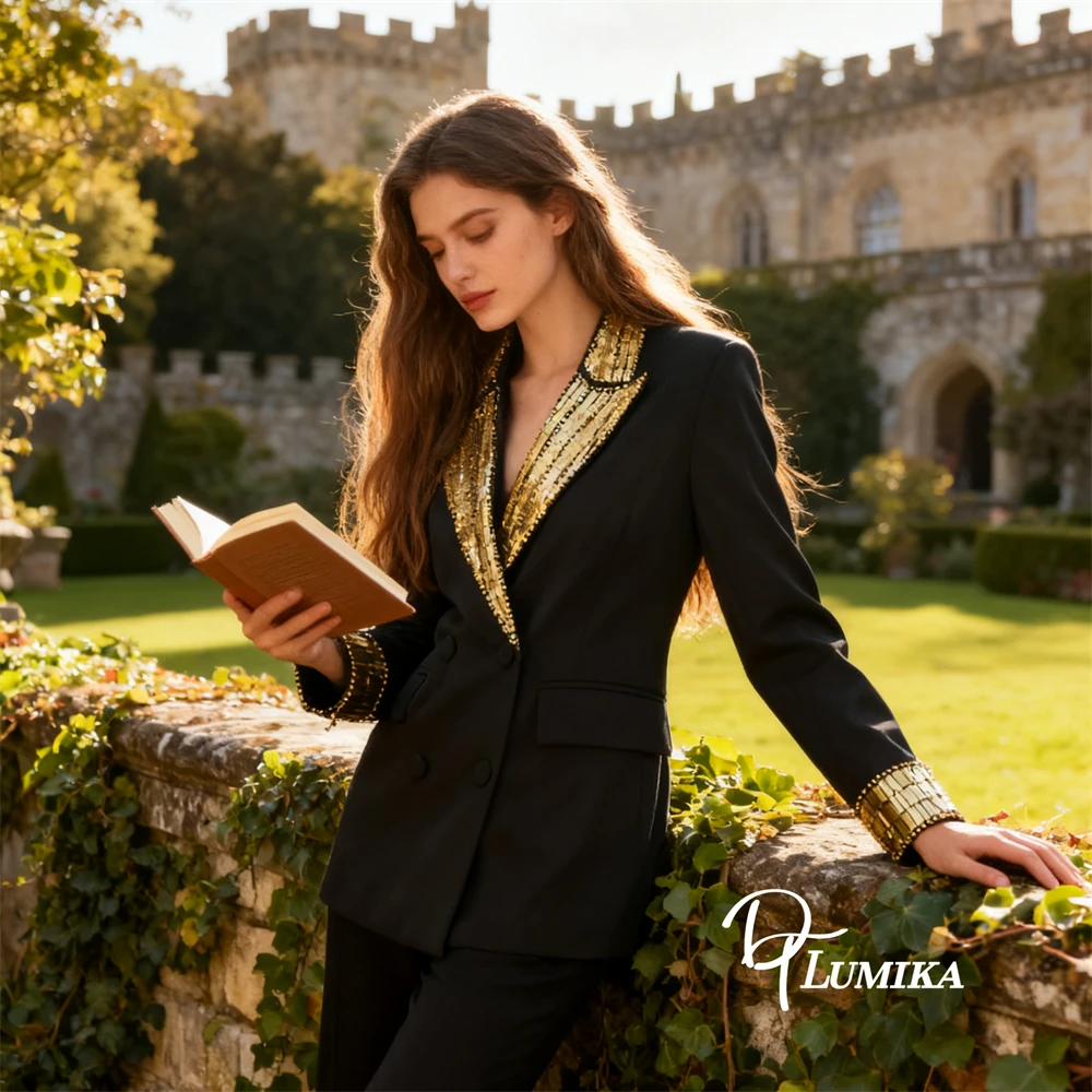

DTLumika Gold Sequined Black Suit for Women, Slim Fitting Formal Party Prom Suit Blazer, Actual Photo Pageant Suits