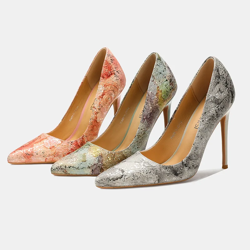 MAIRENISI جلد طبيعي عالية الكعب بلينغ طباعة المرأة مضخات خنجر 12 سنتيمتر فستان الحفلة الراقصة موضة الوثن الكعوب حجم 46 الوردي الأخضر #1