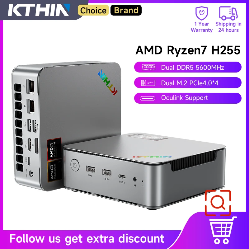 Mini PC KTHIN K8 R7 H255 4.9GHz WIFI6 BT5.2 Computador Mini DDR5 5600MHz SSD PCIe4.0 LAN 2.5G Dual USB4.0 / OpenClaw