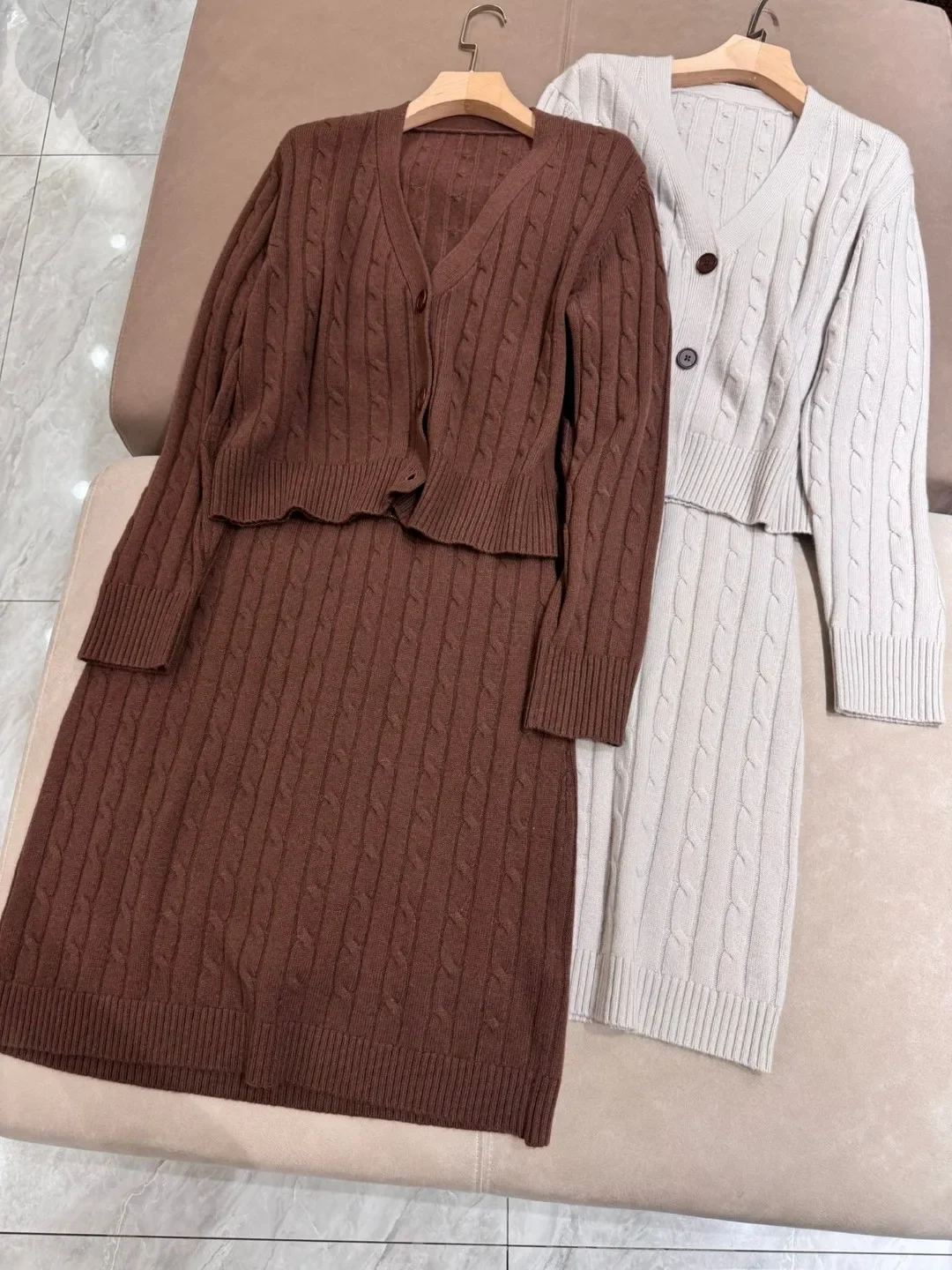 Women 2-Piece Suit Solid Color Single Breasted V-Neck Long Sleeve Sweater and Elastic Waist A-Line Midi Skirt Casual Knitted Set