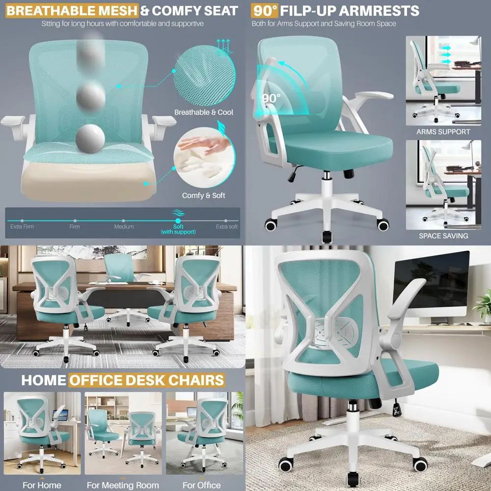 

Эргономичное офисное кресло с дышащей сеткой, поясничной поддержкой, откидными подлокотниками и поворотными колесиками для дома/офиса, синее