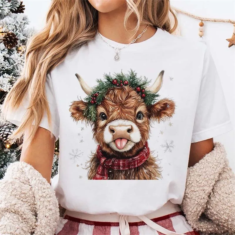 Street Style Christmas Sheep Women's Festival T-Shirt Pattern Basic Fashion Regular Round Neck Short Sleeve Winter Cute T-Shirt