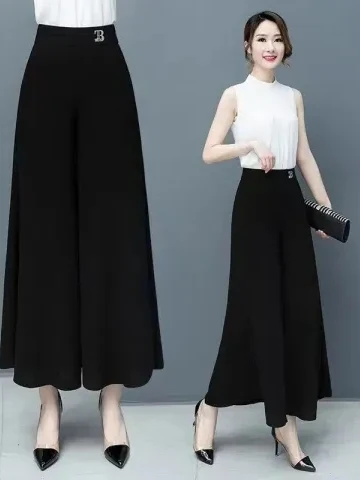 

High Waist Wide Leg Pants Black Nine Points One Line Tag Brandless Polyester Fiber Loose Fit Summer 2026 Fashion Ladies Skirt...