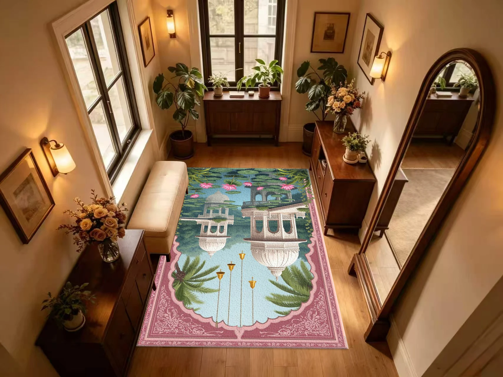 Oriental Indian Pavilion Lotus Carpet Flooring Exotic Architecture Printed Area Rug for Home Interior Decor