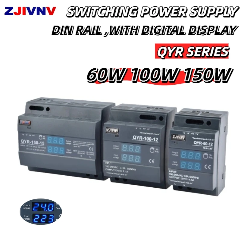 

Импульсный источник питания на DIN-рейку 60 Вт, 100 Вт, 150 Вт с двойным светодиодным цифровым дисплеем AC-DC 12 В 24 В QYR-60 QYR-100 QYR-150 для световых лент