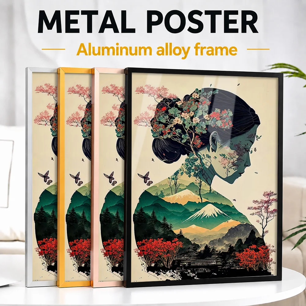 Japanese Geisha Mountain Silhouette Framed Metal Poster Personalized Photo Atmospheric Landscape Style Wall Art For Guest Room