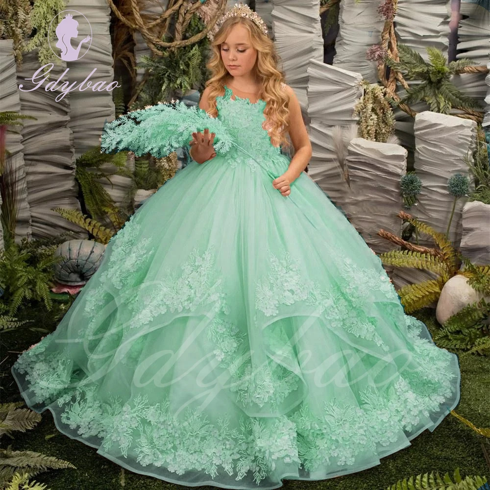 

Green Lace Flower Girl Dress For Wedding Ruffles Puffy Applqiue Floor Length Princess Pageant Elegant Kids Birthday Ball Gown